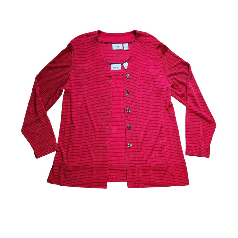 Chico's Travelers knit jacket and shell set red black pinstripe size L 12